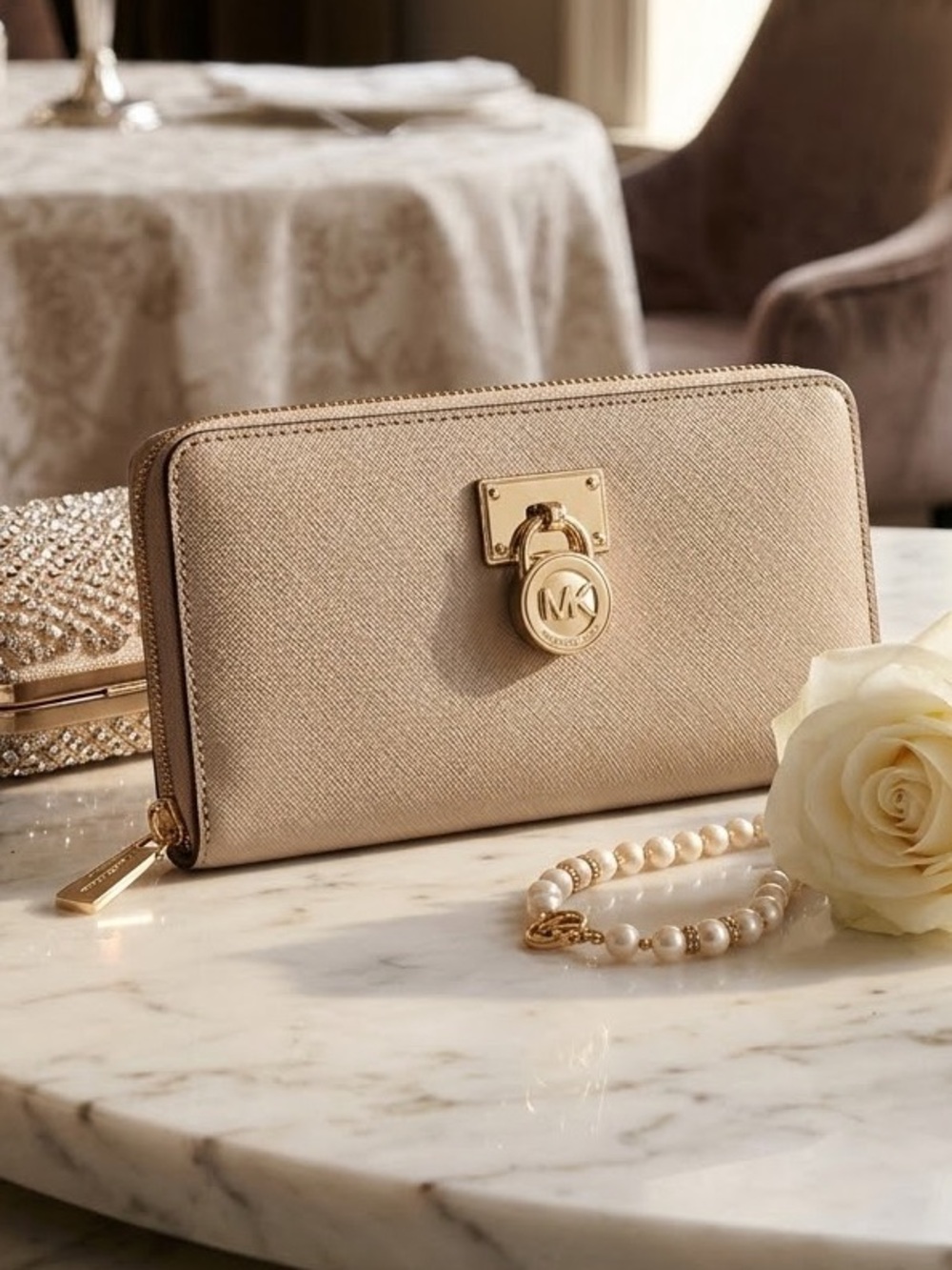 Michael Kors Vintage Taupe Zip-Around Leather Zip Wallet with Gold MK Logo